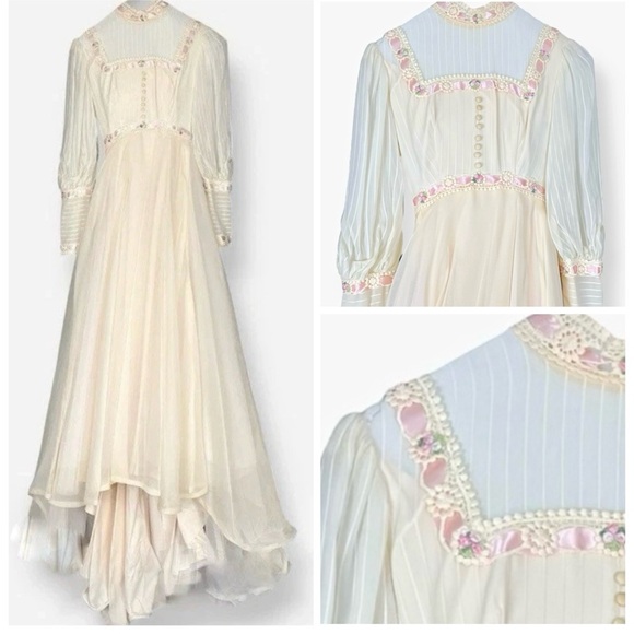 Dresses & Skirts - Vintage Victorian High Neck Dress Wedding 4‎ Off White Cream Pink Bishop Sleeve